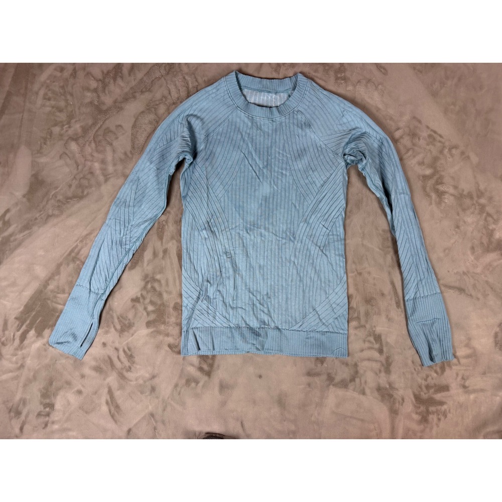 Lululemon Rest Less Pullover Blue Ribbed Knit Seamless Long Sleeve Top Thumbhole